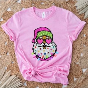Hand Crafted Pink Glitter Santa Tee
